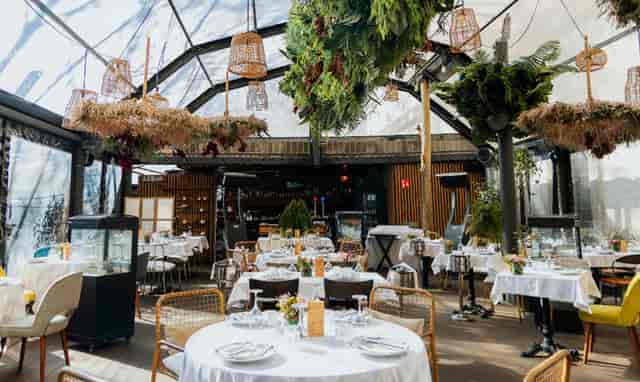 Elegant event space at Jardín de Arzábal, featuring lush greenery and natural light.