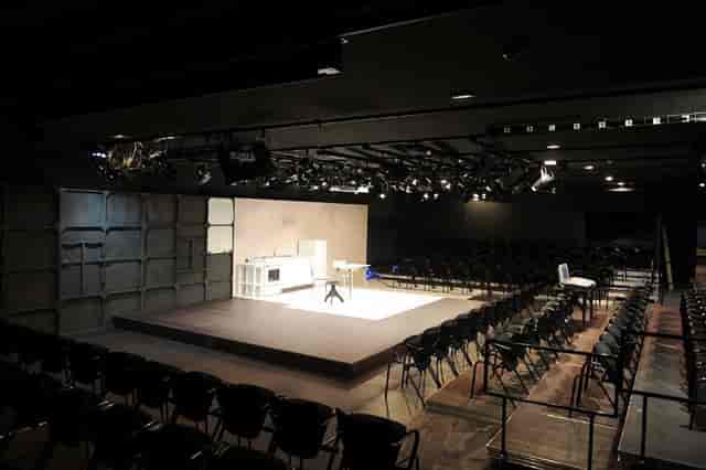 Teatro Fernán Gómez auditorium with staged area, ideal for performances and workshops.