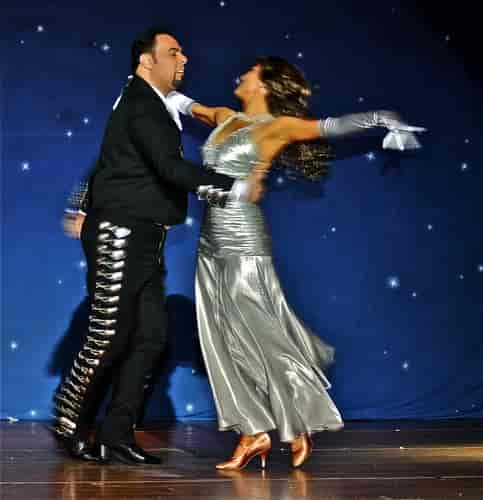 Dynamic ballroom dance performance at an elegant corporate event or gala.