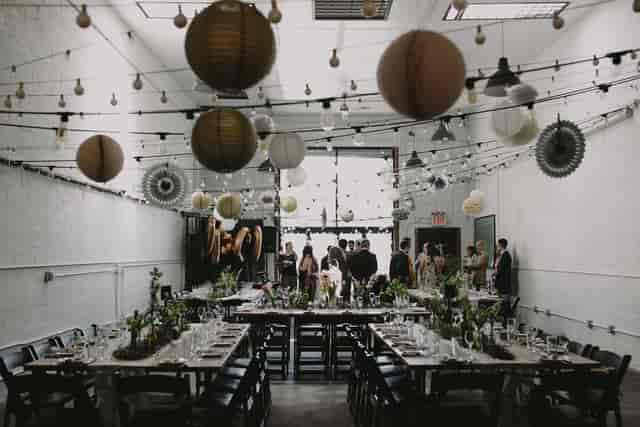 Elegant coworking space in Bat Haus with decorative lights for weddings and gatherings.