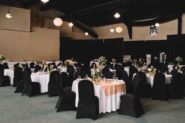 Ballroom at Wisp Resort with elegant tables for corporate events and gatherings.