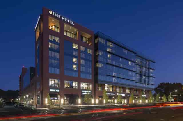 Rooftop Terrace at The Hotel UMD, modern venue with sleek glass design, perfect for events.