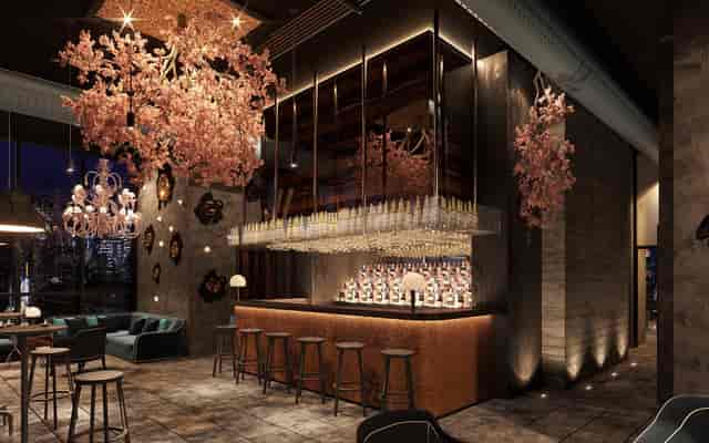Chic Daintree Rooftop bar with cherry blossoms, perfect for upscale events and gatherings.