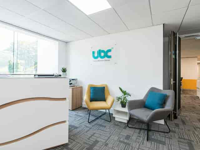 Modern office reception at UBC flexible offices with stylish seating for events.