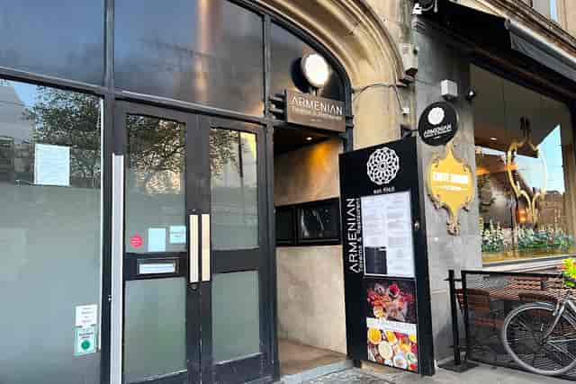 "Armenian Taverna entrance with sleek façade, ideal for events and intimate gatherings."