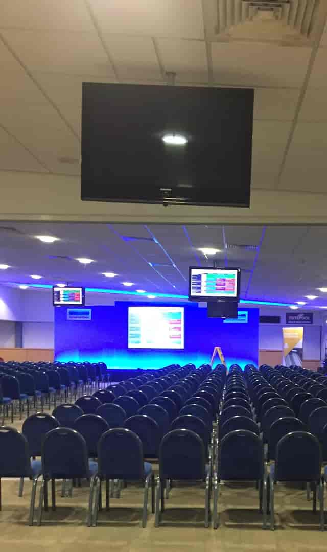 Bramham Hall event space, stage setup, modern conference in Wetherby Racecourse