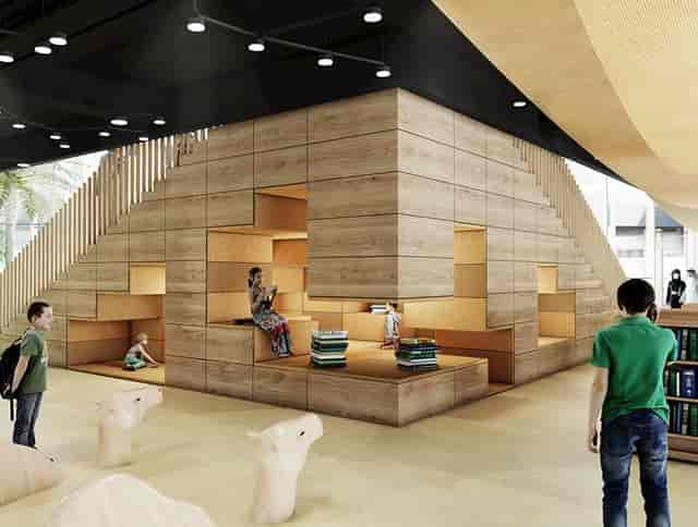 Modern exhibition hall with warm wood finishes, perfect for creative meetings and events.