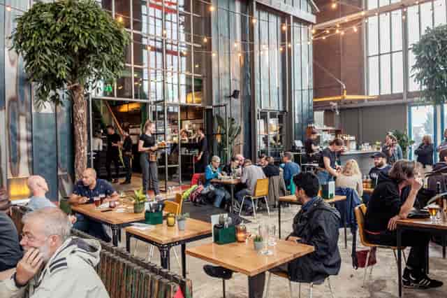 Vibrant IJver Amsterdam venue with greenery, ideal for dining and networking events.