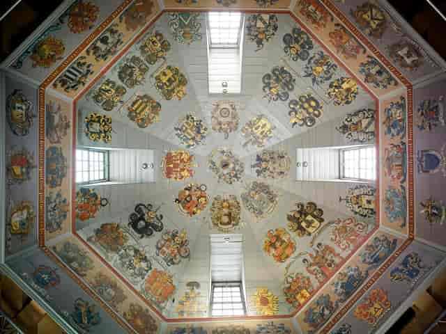 Theatrum Anatomicum's ornate ceiling, ideal for corporate events and gatherings.