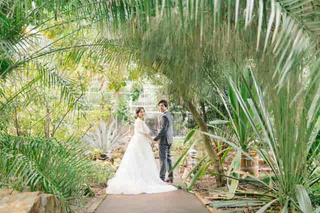 Romantic outdoor wedding setting in lush Laranja Room, De Hortus with vibrant greenery.