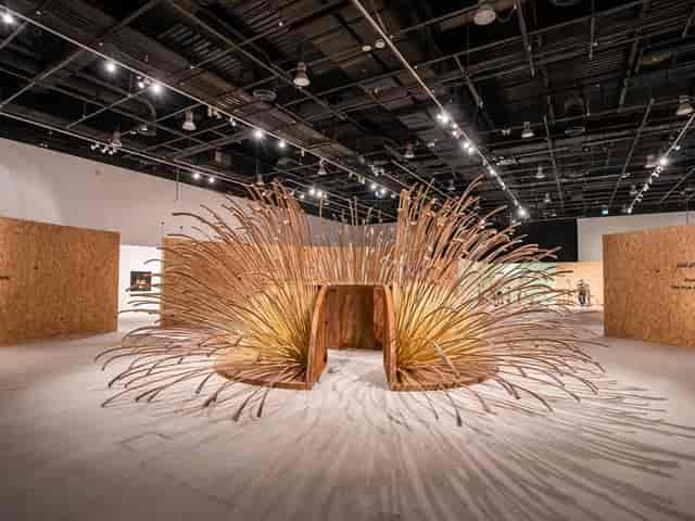 Alt tag: "Gallery A, Manarat Al Saadiyat with organic sculpture - art exhibits and immersive experiences."