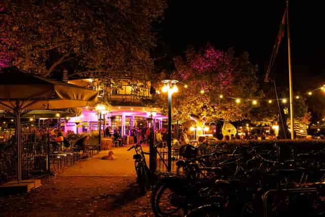 Vibrant outdoor bar at Proeflokaal 't Blauwe Theehuis for social events and gatherings.