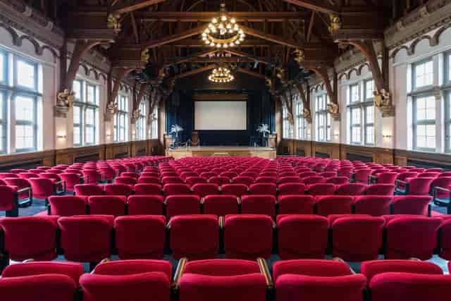 Koningin Máxima Zaal auditorium with red chairs, perfect for corporate conferences and seminars.