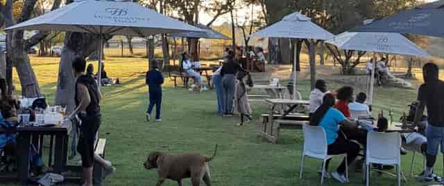 Outdoor event space at Riversands Farm with casual seating and umbrellas for gatherings.