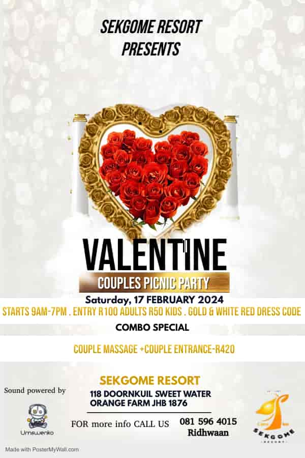 Valentine's Couples Picnic Party flyer at Glass Hall with rose heart design.