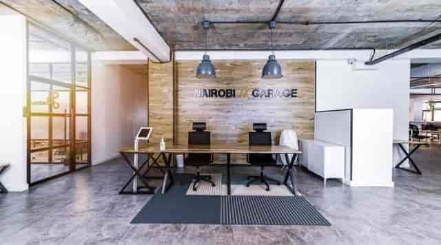 Modern coworking space in Nairobi Garage, ideal for workshops and corporate events.