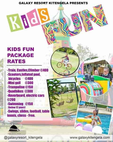 Colorful kids' event flyer at Galaxy Resort Kitengela with fun activities and pricing.