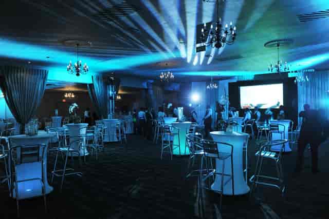 CedarWoods conference center with blue lighting for upscale corporate events and receptions.