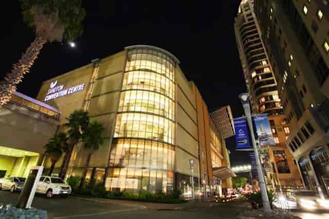 Sandton Convention Centre exhibition area at night, modern architecture for events