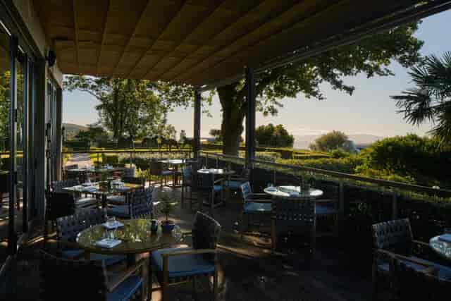 Elegant outdoor dining area at Hōseki, perfect for networking breakfasts and gatherings.
