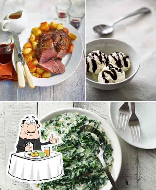 Restaurant menu at Observatory Golf Club featuring hearty entrees and desserts for events.