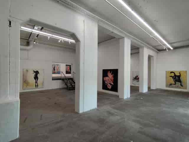 Minimalist art gallery with white walls, ideal for exhibitions and networking events.