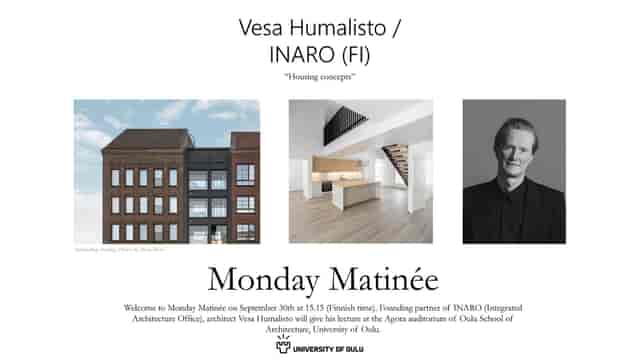 Alt text: "Agora at University of Helsinki lecture promo featuring Vesa Humalisto on architecture design."