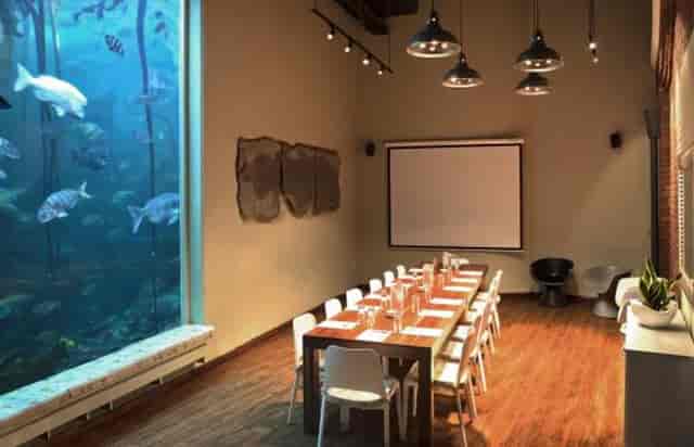 Unique meeting space with large aquarium wall for creative corporate events.