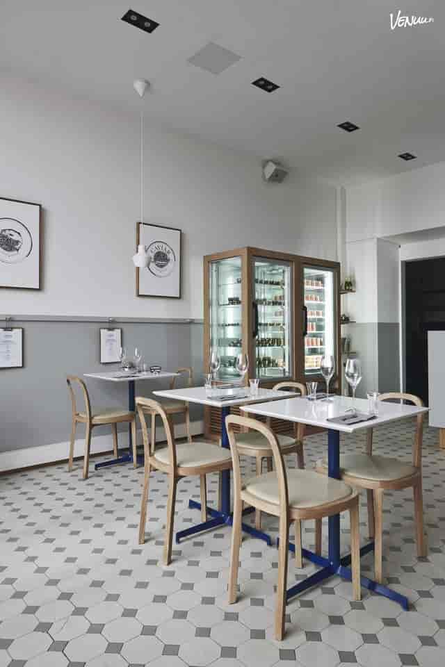 Modern dining space in Finlandia Caviar, ideal for intimate events and networking.