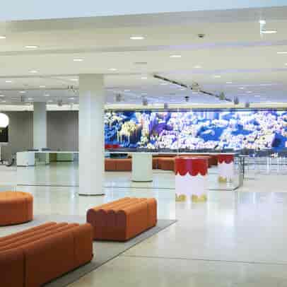 City Hall Lobby event space with vibrant seating for meetings and presentations.