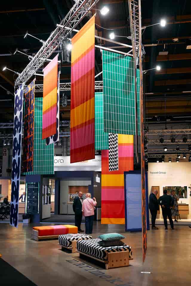 BetaSpace Gallery at Helsinki Design Week, vibrant exhibition space with bold banners.