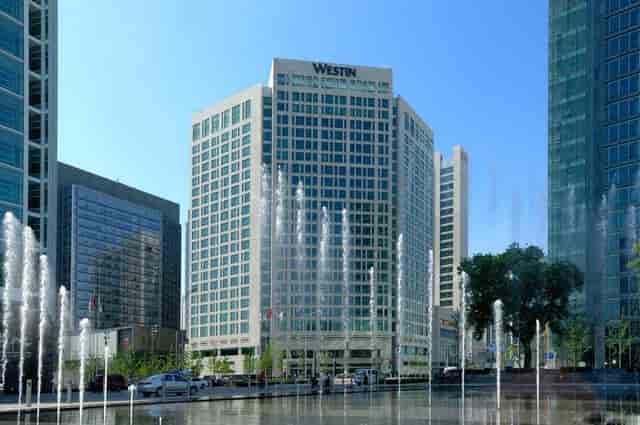 Chic Westin Beijing hotel facade, ideal for corporate events and meetings in high-rise setting.