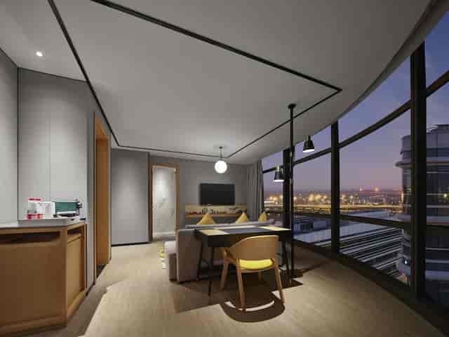 Modern meeting room with large windows at Hilton Garden Inn Daxing, perfect for corporate events.