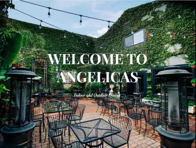 Charming Angelicas restaurant with lush greenery, perfect for events and gatherings.