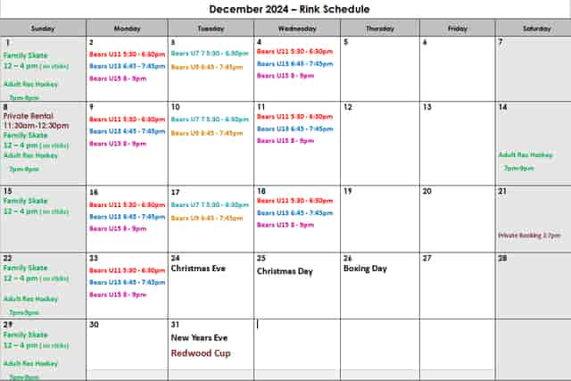 Wolf Willow Room calendar showcasing community events, family skate, and holiday activities.