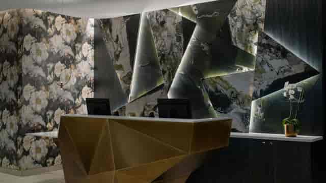 Sleek reception area with geometric desk at The Dorian for high-end events