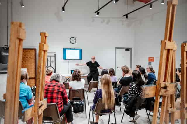 Engaging art workshop in a creative studio setting with attentive artists.