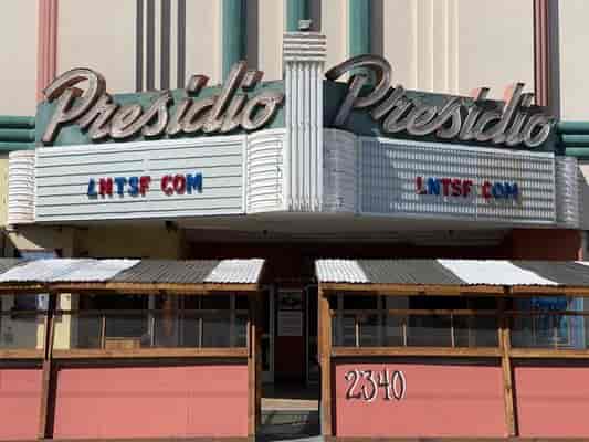 Presidio Theatre exterior with vintage marquee, perfect for film screenings and events.