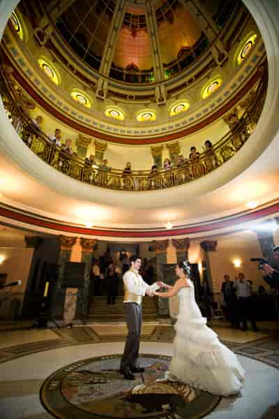 Atkinson Meeting Room wedding with couple's first dance in elegant San Mateo venue.
