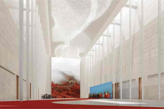 Modern conference room with striking ceiling design at China National Convention Center.