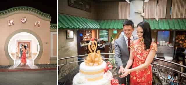 Elegant wedding celebration in Koi Palace banquet hall with couple cutting cake.