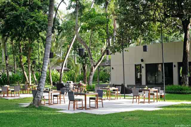 Outdoor meeting space at Cuca Restaurant, lush greenery, ideal for corporate retreats.