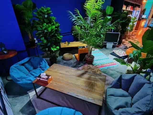Cozy vibrant meeting room with greenery, perfect for team discussions or informal gatherings.