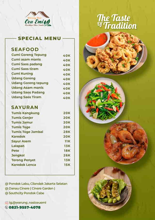 Vibrant seafood and vegetable menu for event catering at Warung Nasi Ceu Emi.