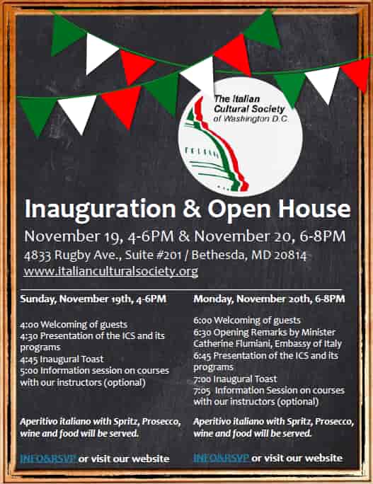 Inauguration flyer for open house at Italian Cultural Society, featuring dates and agenda.