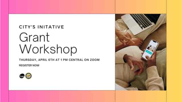 Digital graphic for Houston Arts Alliance grant workshop, featuring Zoom accessibility and inviting colors.