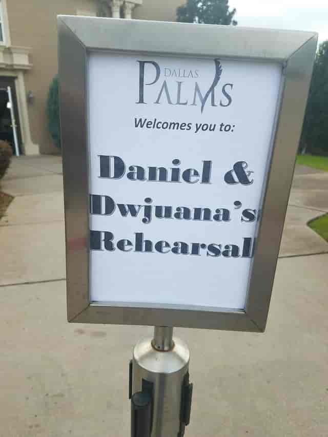 Wedding venue welcome sign at Dallas Palms for personalized rehearsal event planning.