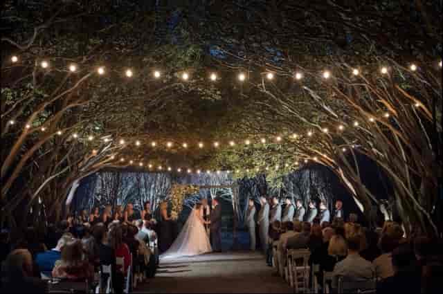 Outdoor wedding ceremony at Dallas Arboretum, illuminated with string lights and trees.