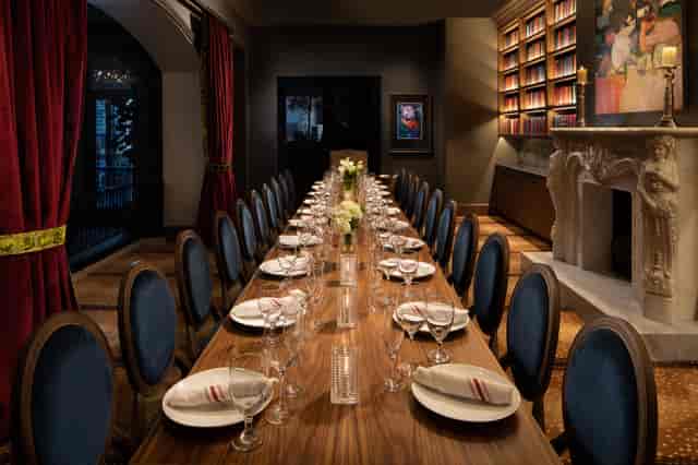 Elegant dining table setup in Stage Fright, Hotel ZaZa for intimate gatherings or corporate events.