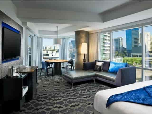 Contemporary hotel suite in W Dallas with city views for corporate events and meetings